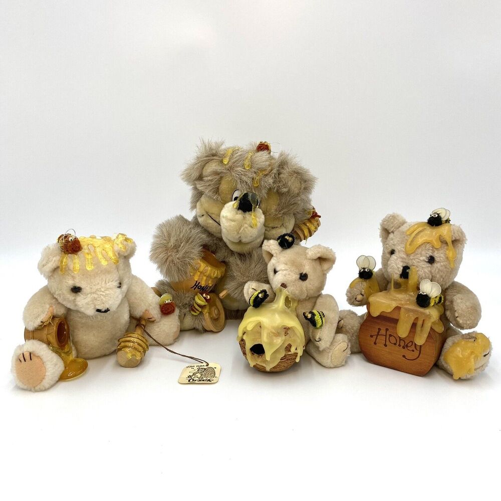 Lot of 4 Orzek Collectible Honey Pot Teddy Bears with Bees Stuffed Plush 1989